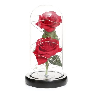 Διπλό Παντοτινό Τριαντάφυλλο με Led σε γυάλινο θόλο 22 εκ. με βάση για Γενέθλια Επετείου Αγίου Βαλεντίνου, Forever Rose Κοκκίνο RC43 ΟΕΜ