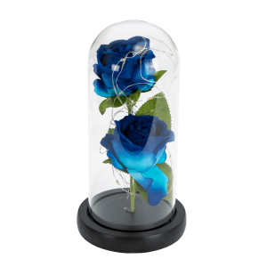 Διπλό Παντοτινό Τριαντάφυλλο με Led σε γυάλινο θόλο 22 εκ. με βάση για Γενέθλια Επετείου Αγίου Βαλεντίνου, Forever Rose Μπλε RC47 ΟΕΜ 